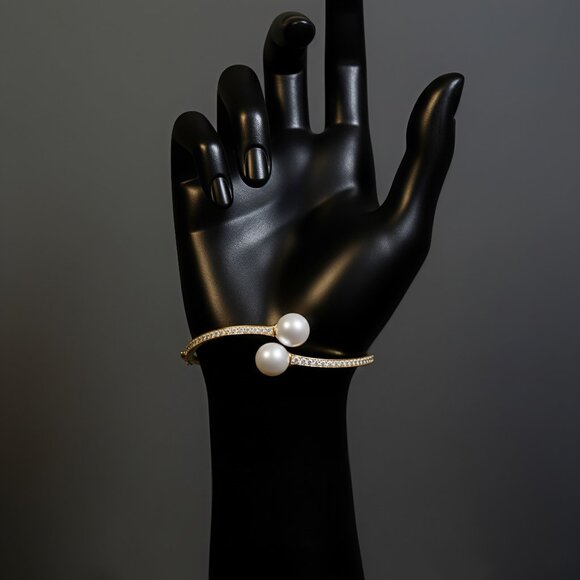 Double Pearl Diamond 14K (or 18K upon request) Yellow Gold Open Bangle Bracelet - Picture 4 of 5